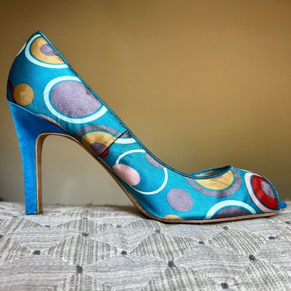 Martinez Valero Turquoise Teal Fabric Peep Toe Pump Multi-Color Dots Women’s 8.5 - Picture 3 of 16